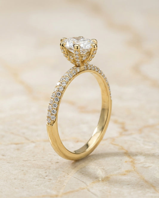 Three Row French Pavé Oval Engagement Ring Setting in 14K Yellow Gold