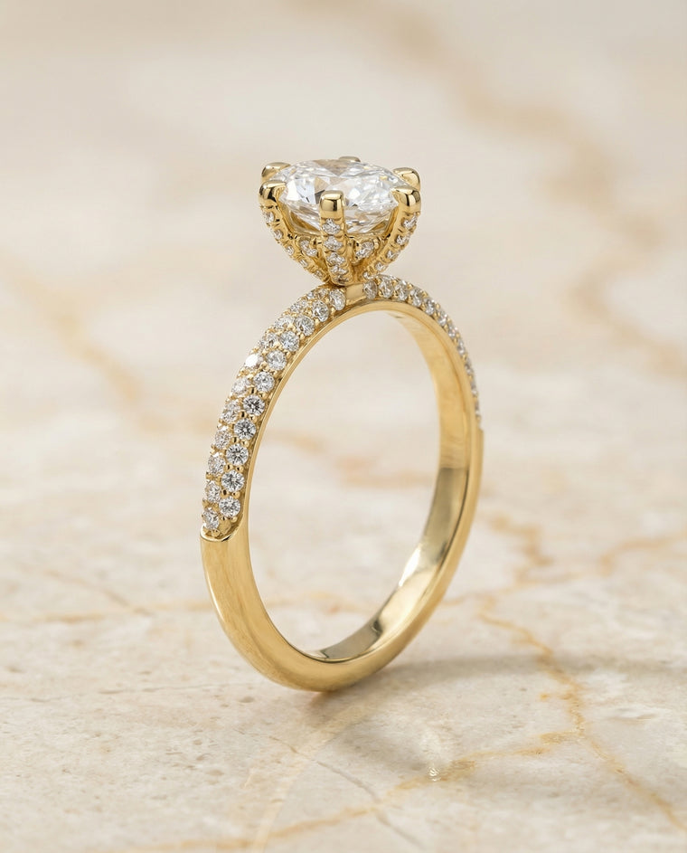 The Daisy Three Row French Pavé Oval Engagement Ring Setting in 18K Yellow Gold