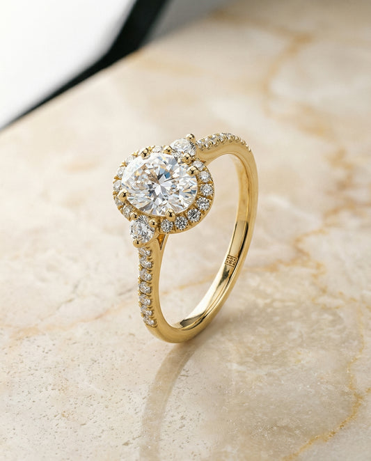 Three Stone Delicate Halo Oval Engagement Ring Setting in 14K Yellow Gold