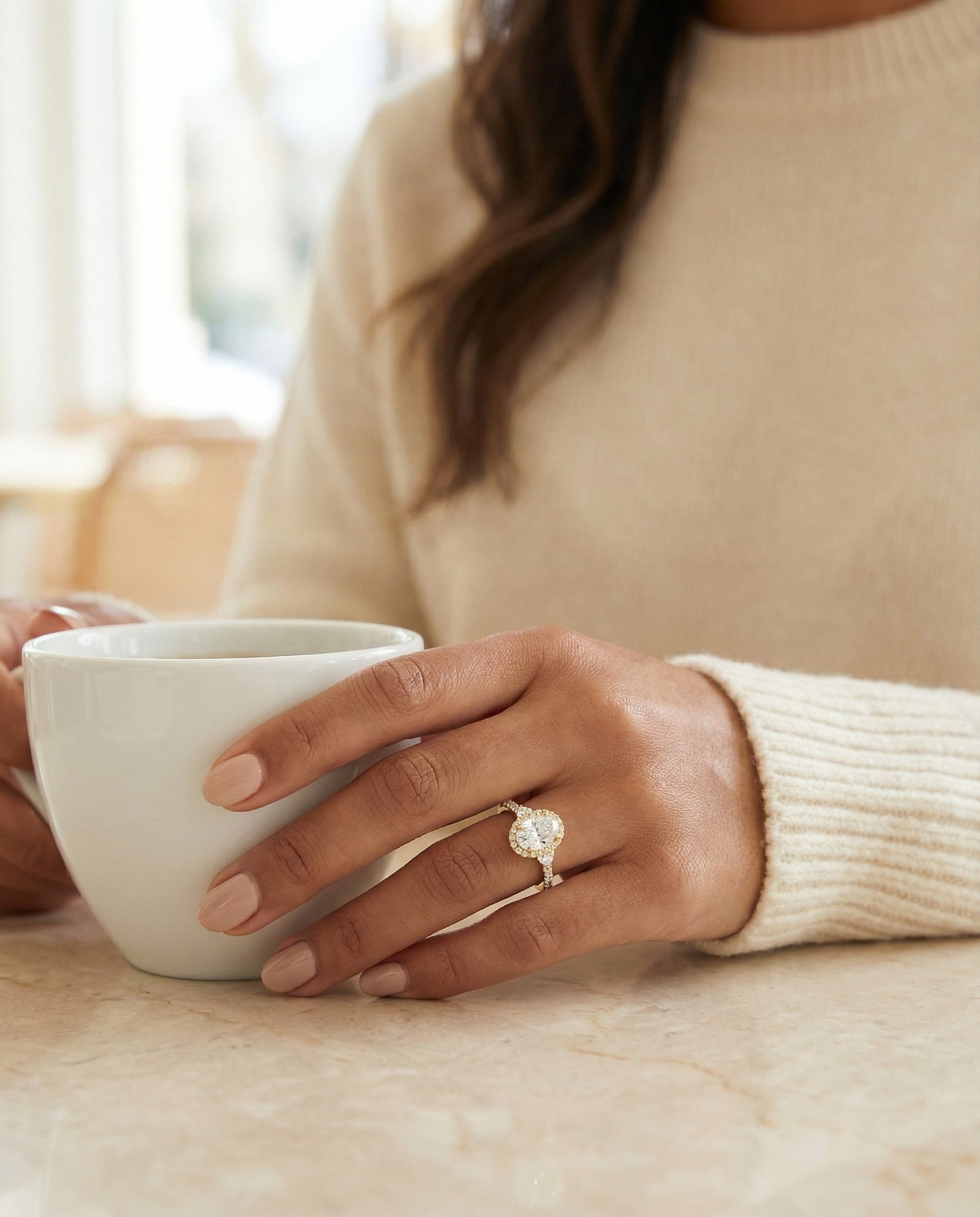 Ivy Select Three Stone Delicate Halo Oval Lab Diamond Engagement Ring in 14K Yellow Gold, lifestyle | RockHer