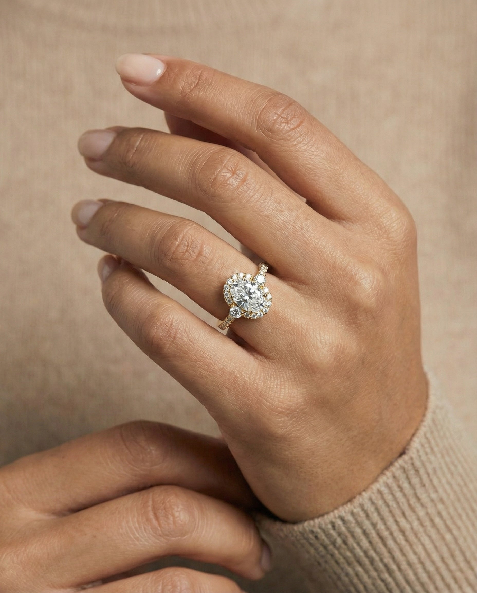 The Ivy engagement ring setting in 18K Yellow Gold, three stone delicate halo design | RockHer