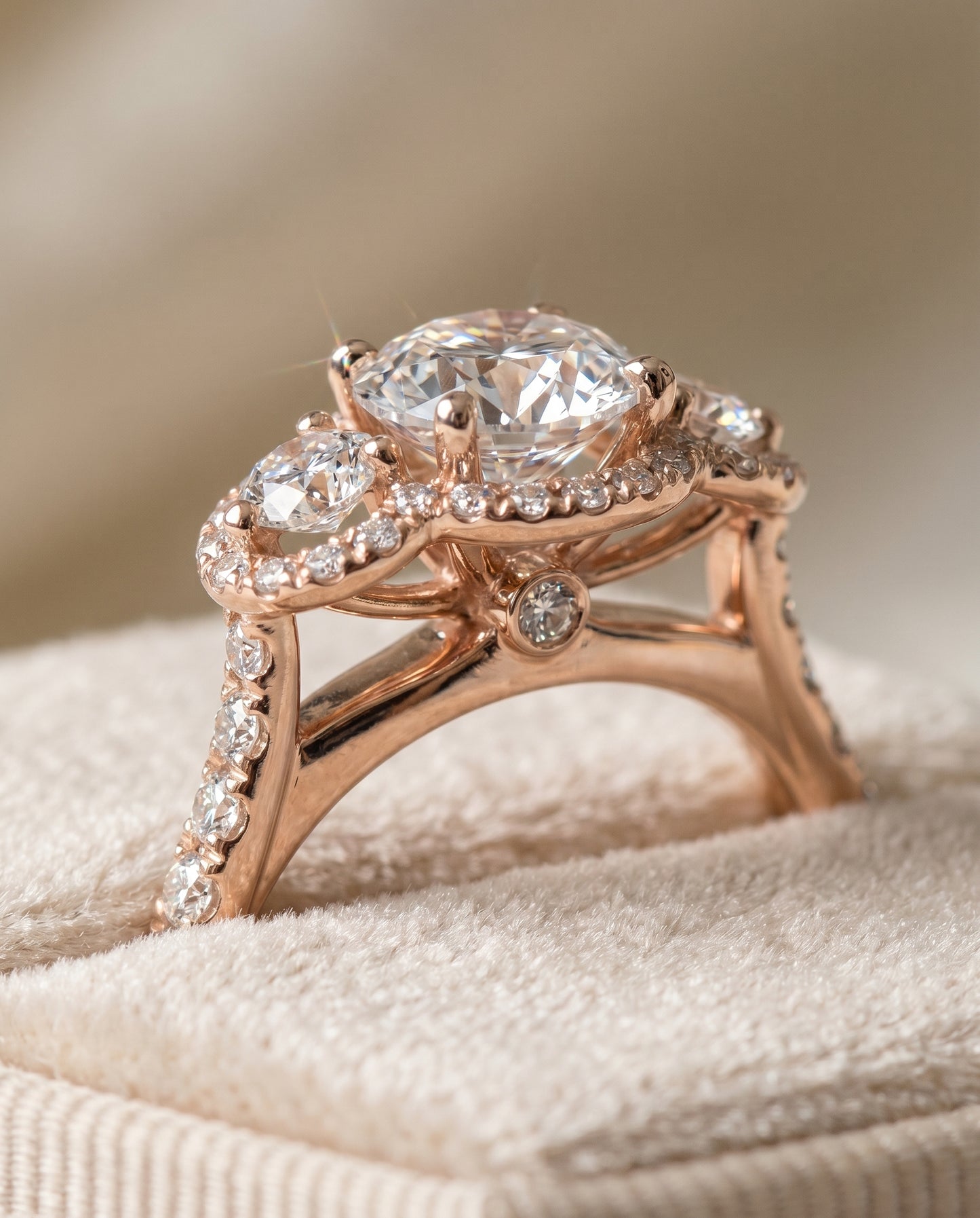 Round Brilliant, Three Stone Halo, in 14K Rose Gold, pave setting – detail view | RockHer