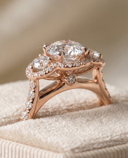 Round Brilliant, Three Stone Halo, in 14K Rose Gold, pave setting – detail view | RockHer