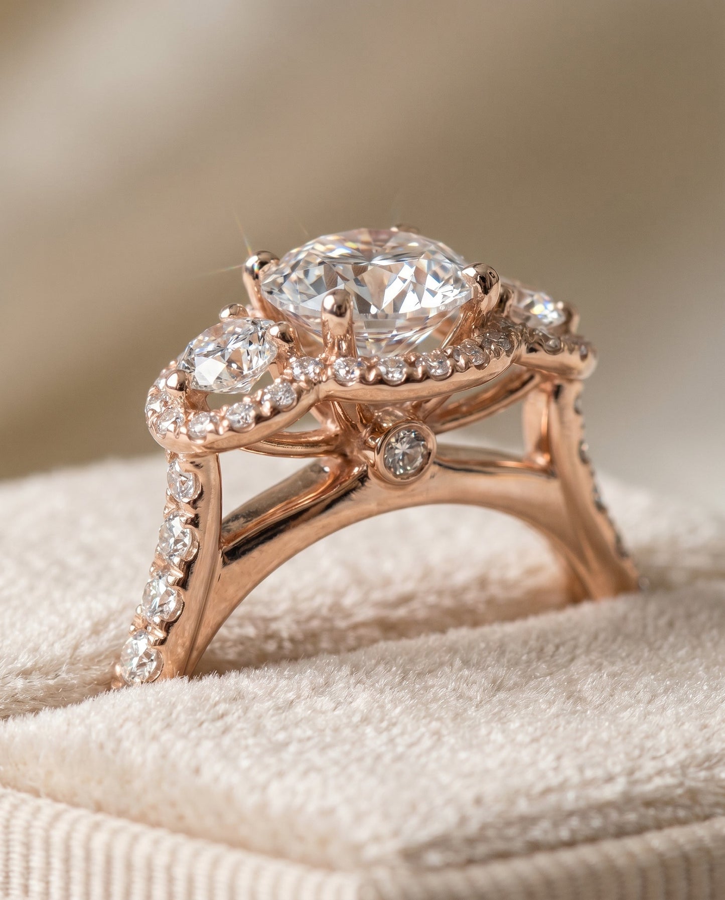 Andrea Select Three Stone Halo Round Lab Diamond Engagement Ring in 14K Rose Gold, detail view | RockHer