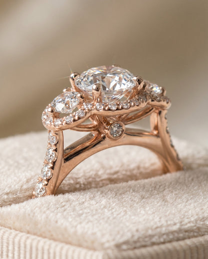 Andrea Select Three Stone Halo Round Lab Diamond Engagement Ring in 14K Rose Gold, detail view | RockHer