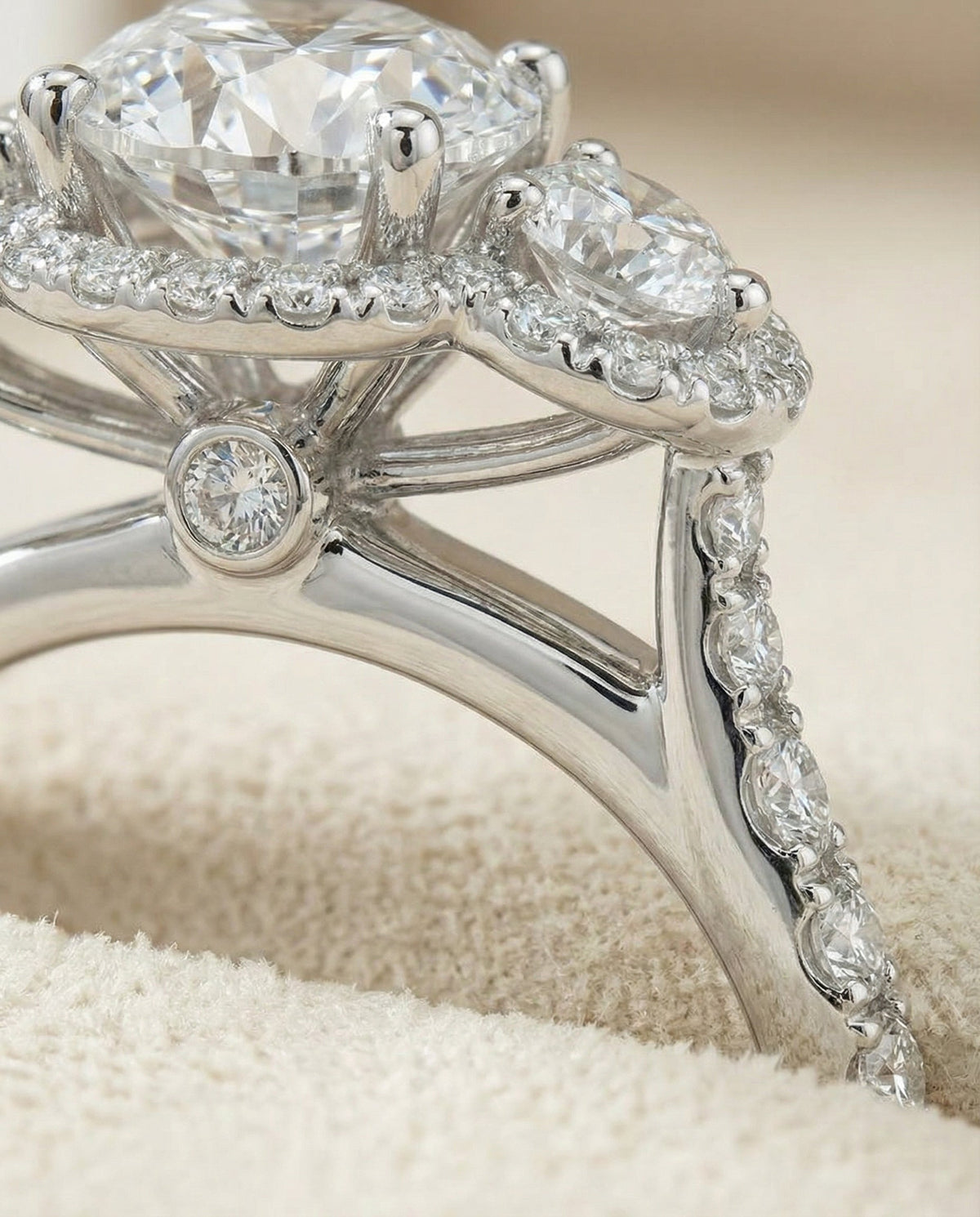 Andrea Select Three Stone Halo Round Lab Diamond Engagement Ring in 18K White Gold, detail view | RockHer