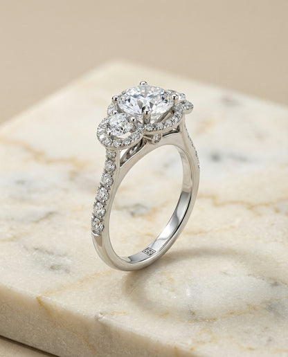 Round Brilliant, Three Stone Halo, in Platinum, pave setting – front view | RockHer