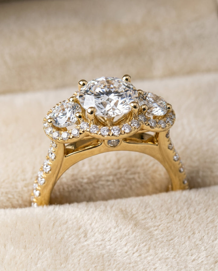 Andrea Select Three Stone Halo Round Lab Diamond Engagement Ring in 14K Yellow Gold, detail view | RockHer