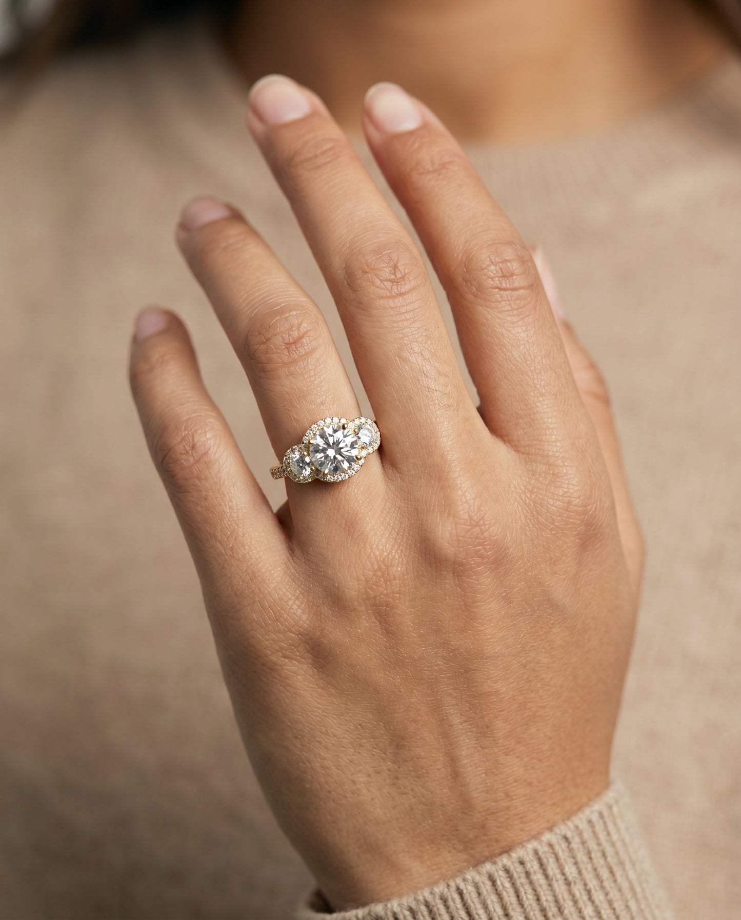 Andrea three stone halo engagement ring in 18K yellow gold with round lab diamond — RockHer