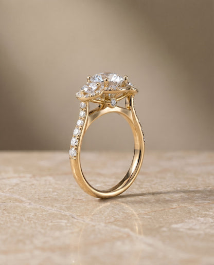Andrea three stone halo engagement ring in 18K yellow gold with round lab diamond — RockHer
