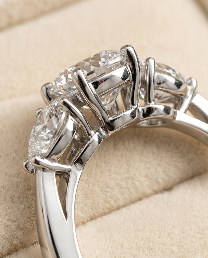 The Angelica Three Stone Engagement Ring Setting for Cushion Diamonds in Platinum