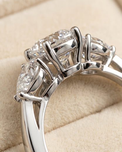 Angelica Select Three Stone Matched Cushion Cut Lab Diamond Engagement Ring in 18K White Gold, detail view | RockHer