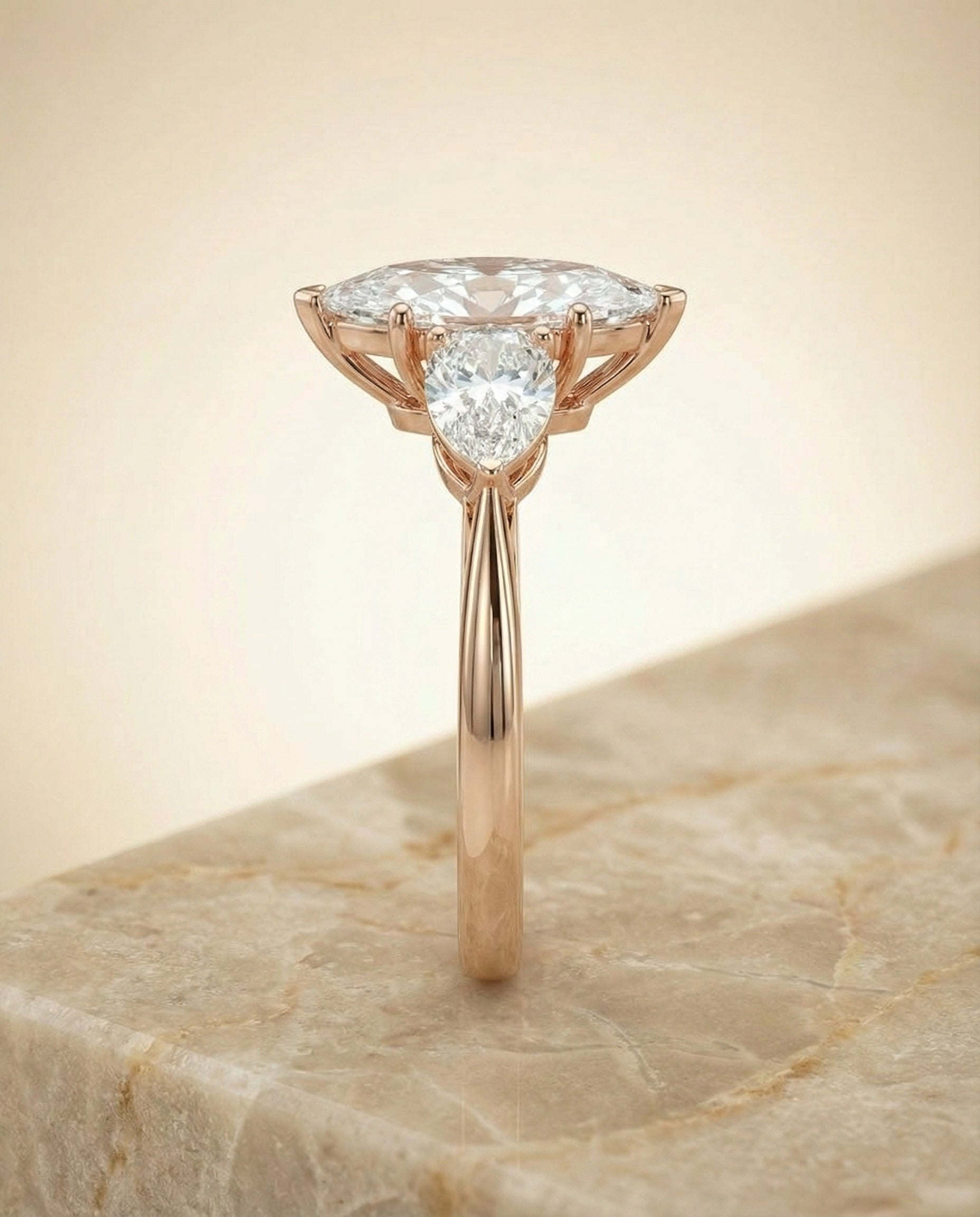 Angelica Select Three Stone Matched Marquise Lab Diamond Engagement Ring in 14K Rose Gold, side view | RockHer