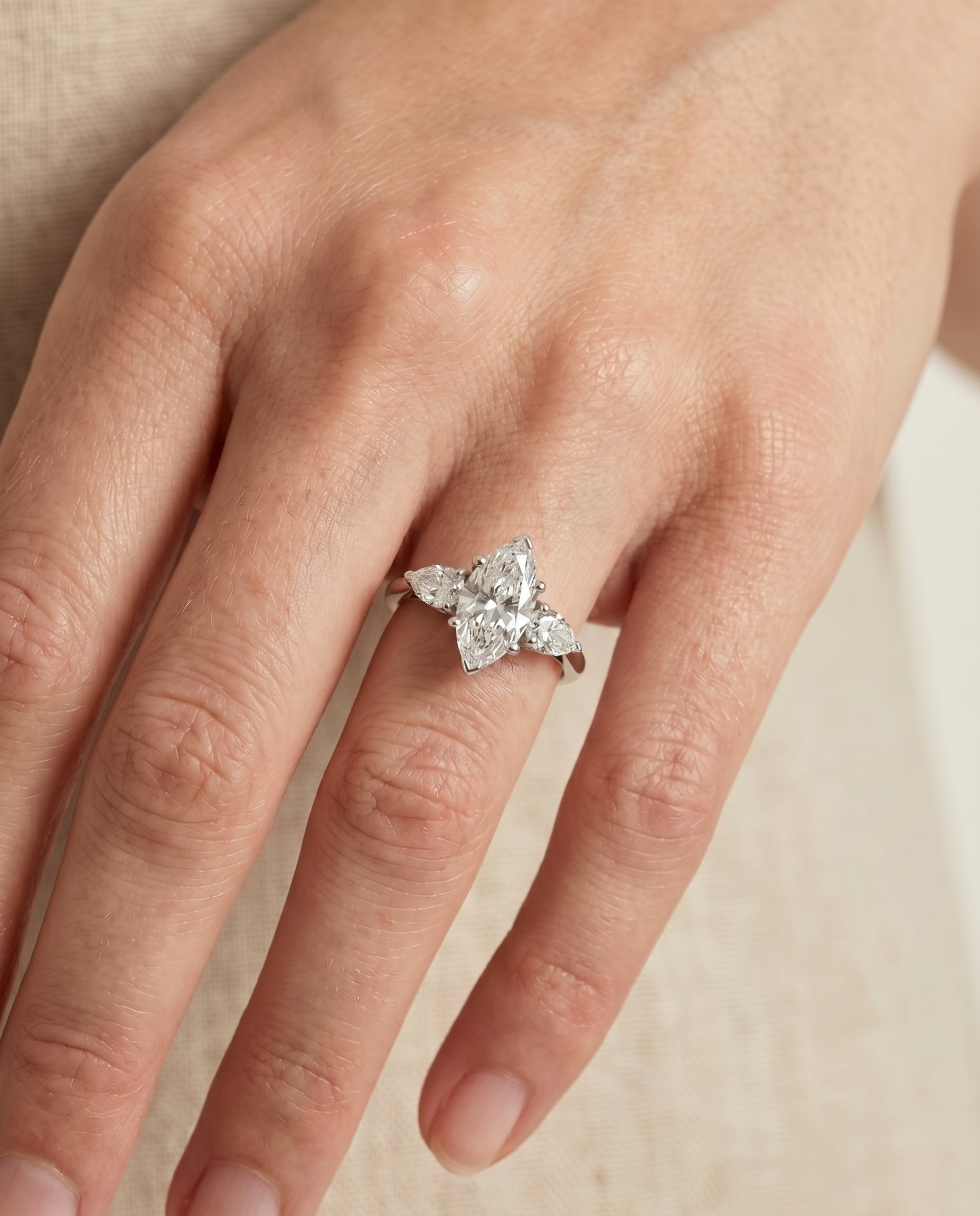 The Angelica engagement ring setting in Platinum, three stone matched design | RockHer