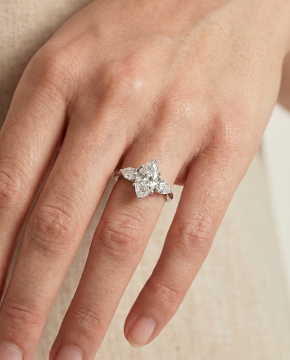 Three Stone Matched Shape Marquise, in Platinum, prong setting – lifestyle shot | RockHer
