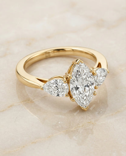 Angelica Select Three Stone Matched Mq Marquise Lab Diamond Engagement Ring in 18K Yellow Gold, alternate angle | RockHer