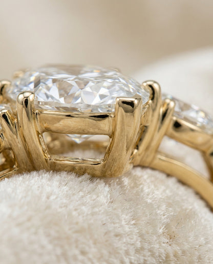 Angelica Select Three Stone Matched Solitaire Marquise Lab Diamond Engagement Ring in 18K Yellow Gold, detail view | RockHer