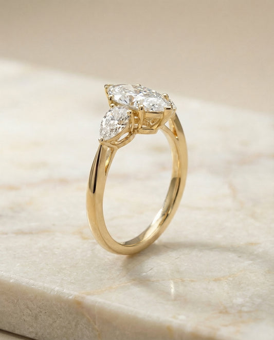 Three Stone Matched Shape Marquise Engagement Ring Setting in 14K Yellow Gold