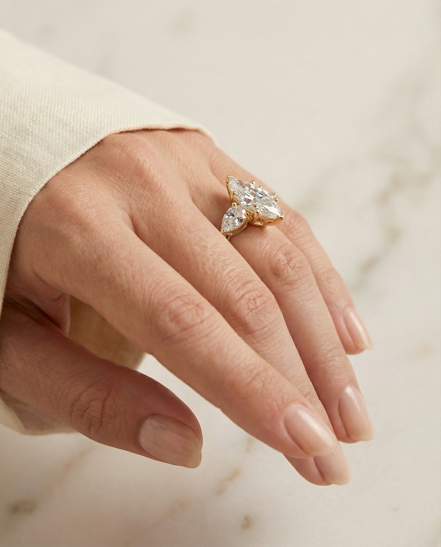 The Angelica engagement ring setting in 18K Yellow Gold, three stone matched design | RockHer