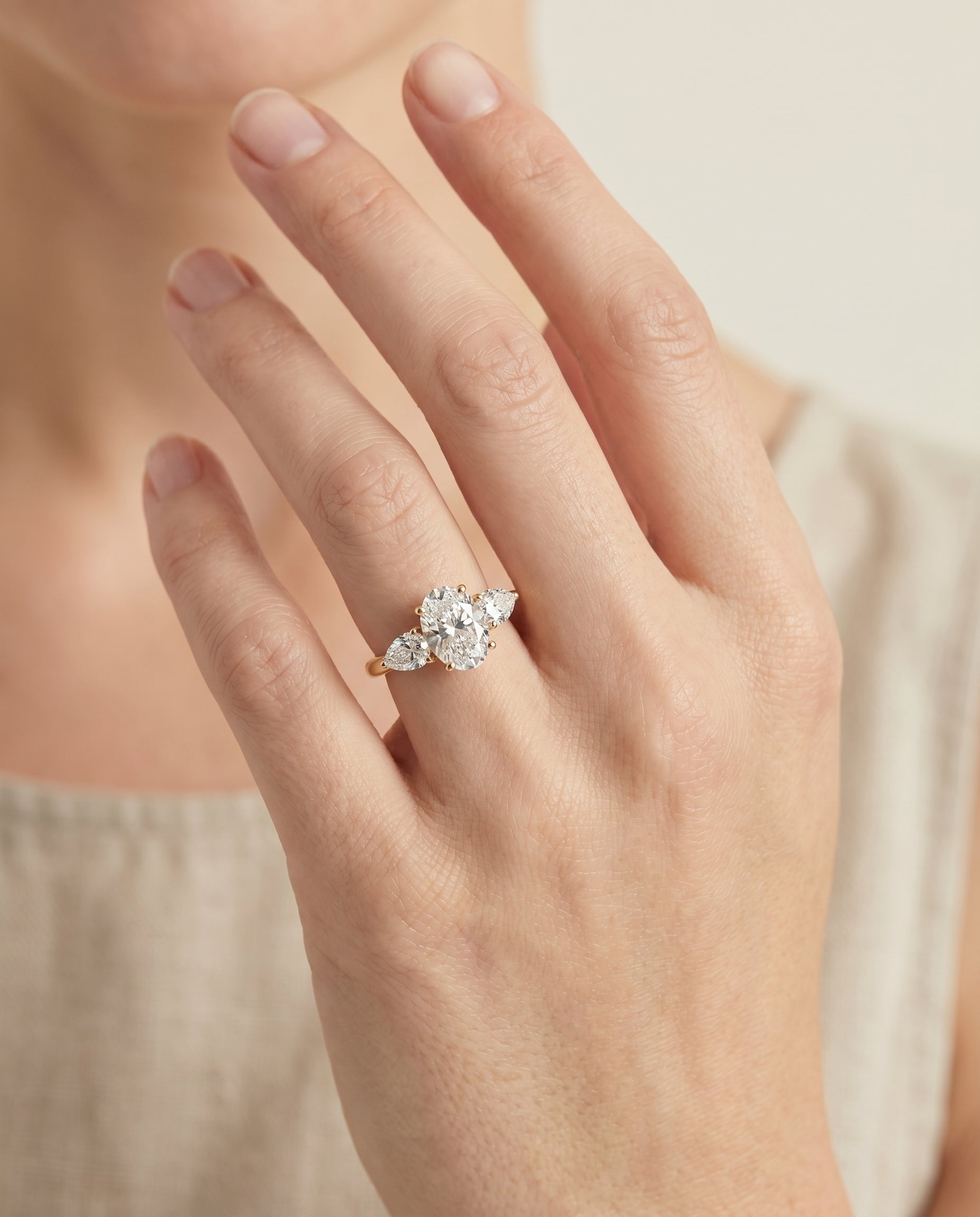 The Angelica engagement ring setting in 18K Yellow Gold, three stone matched design | RockHer