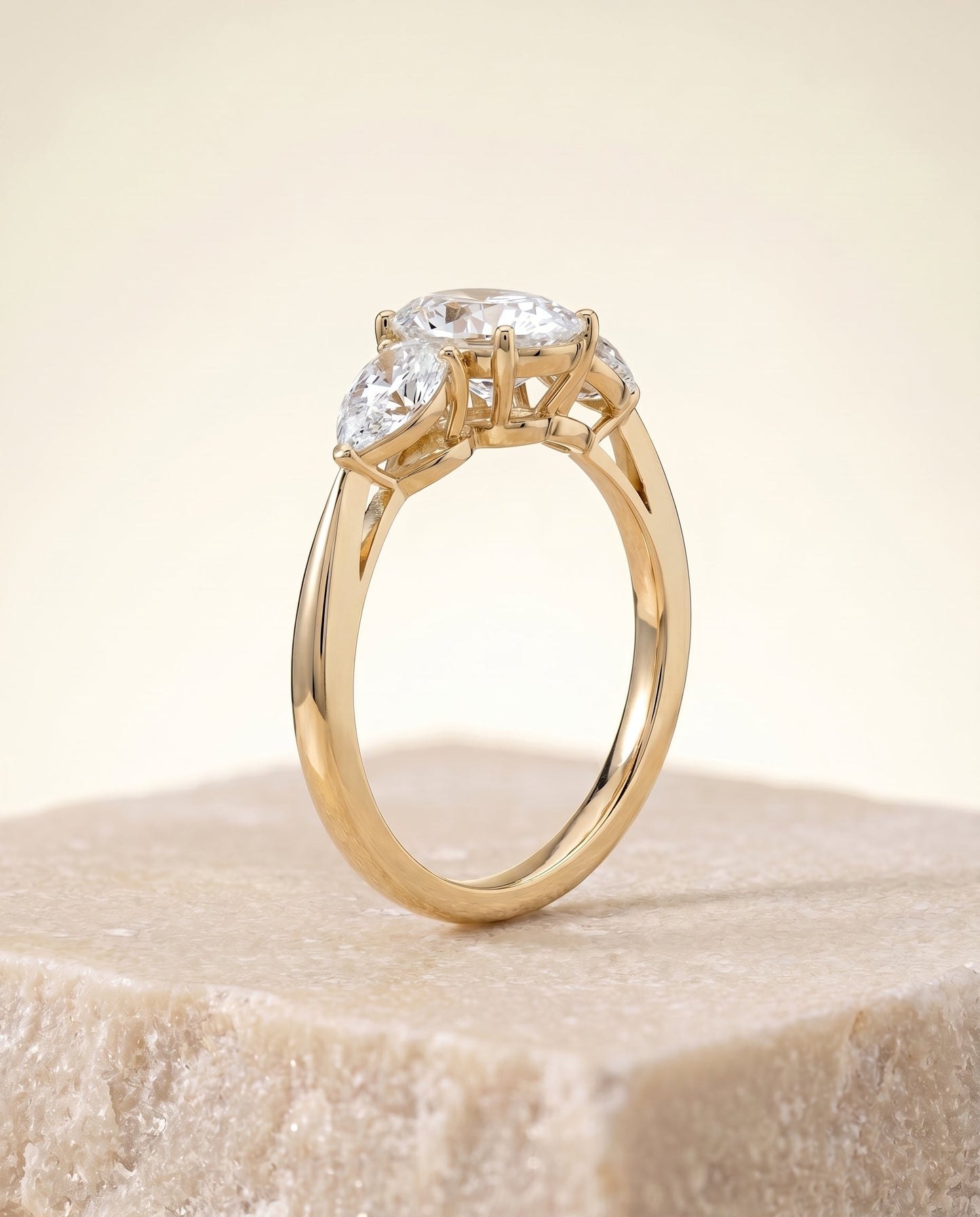 Angelica Select Three Stone Matched Oval Lab Diamond Engagement Ring in 18K Yellow Gold, side view | RockHer