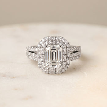 The Mariah Three Tier Halo Crown Emerald Cut Engagement Ring Setting in Platinum