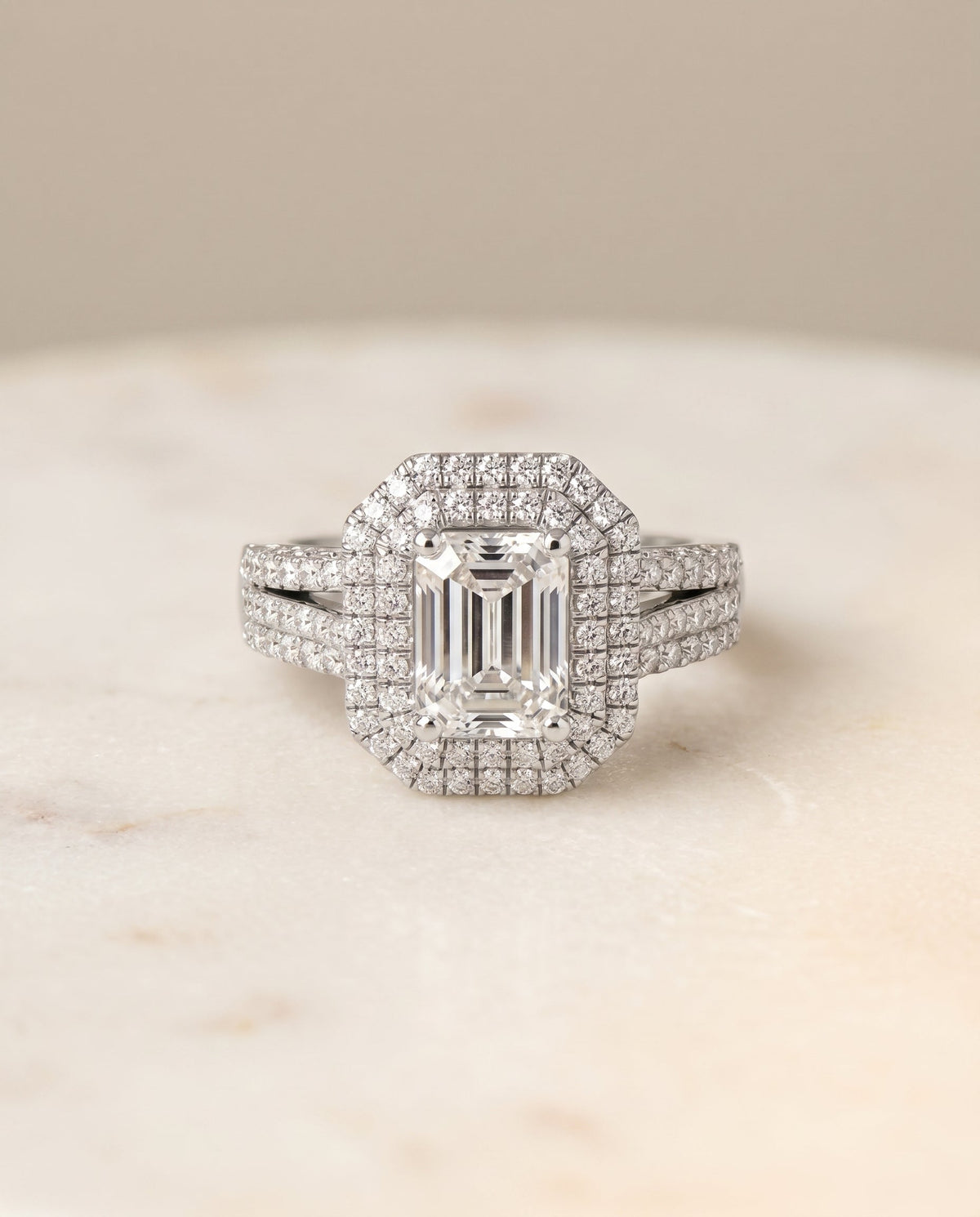 Mariah Select Three Tier Halo Crown Emerald Cut Lab Diamond Engagement Ring in 18K White Gold, alternate angle | RockHer