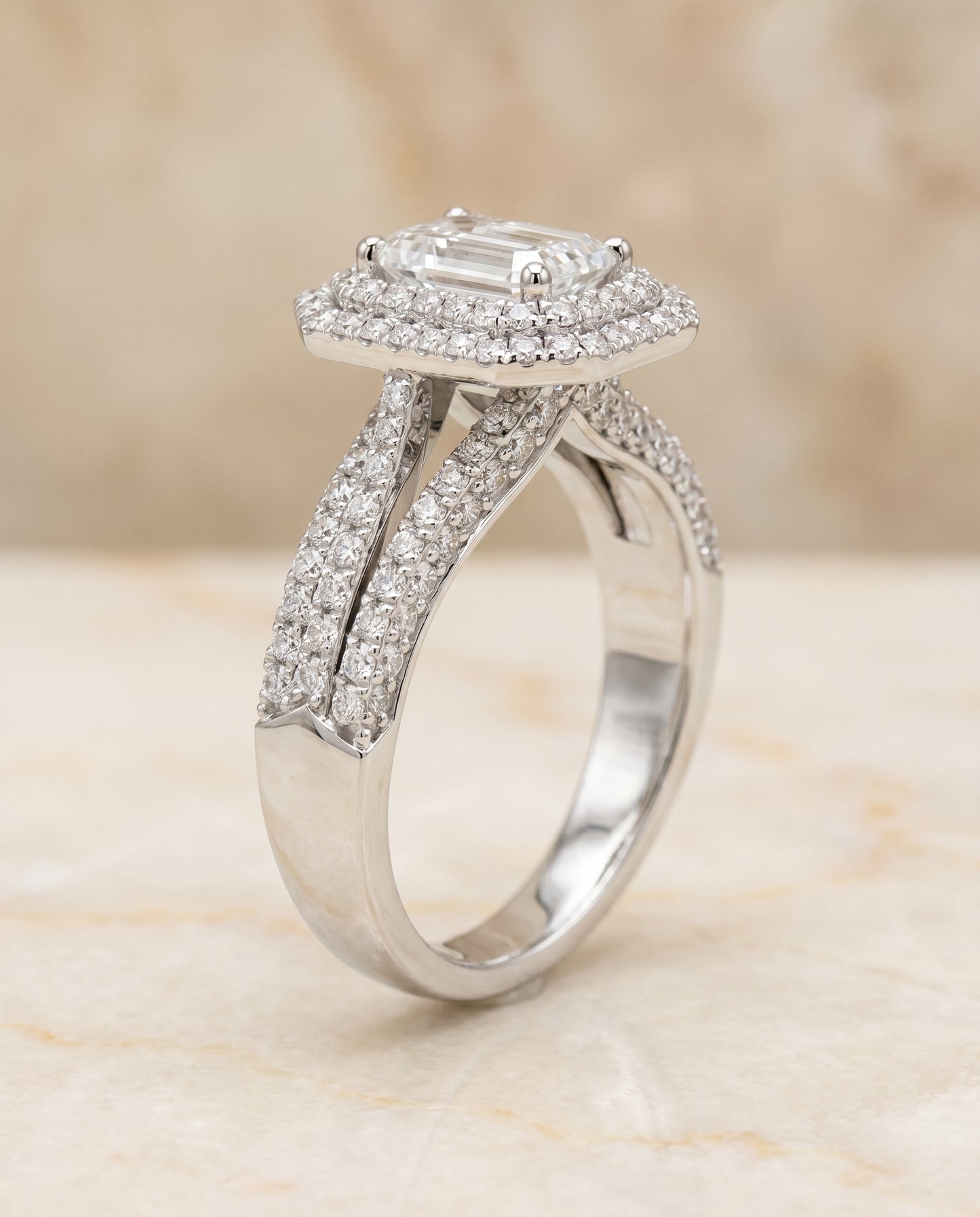 The Mariah Pavé Halo Engagement Ring Setting for Emerald Cut Diamonds in Platinum