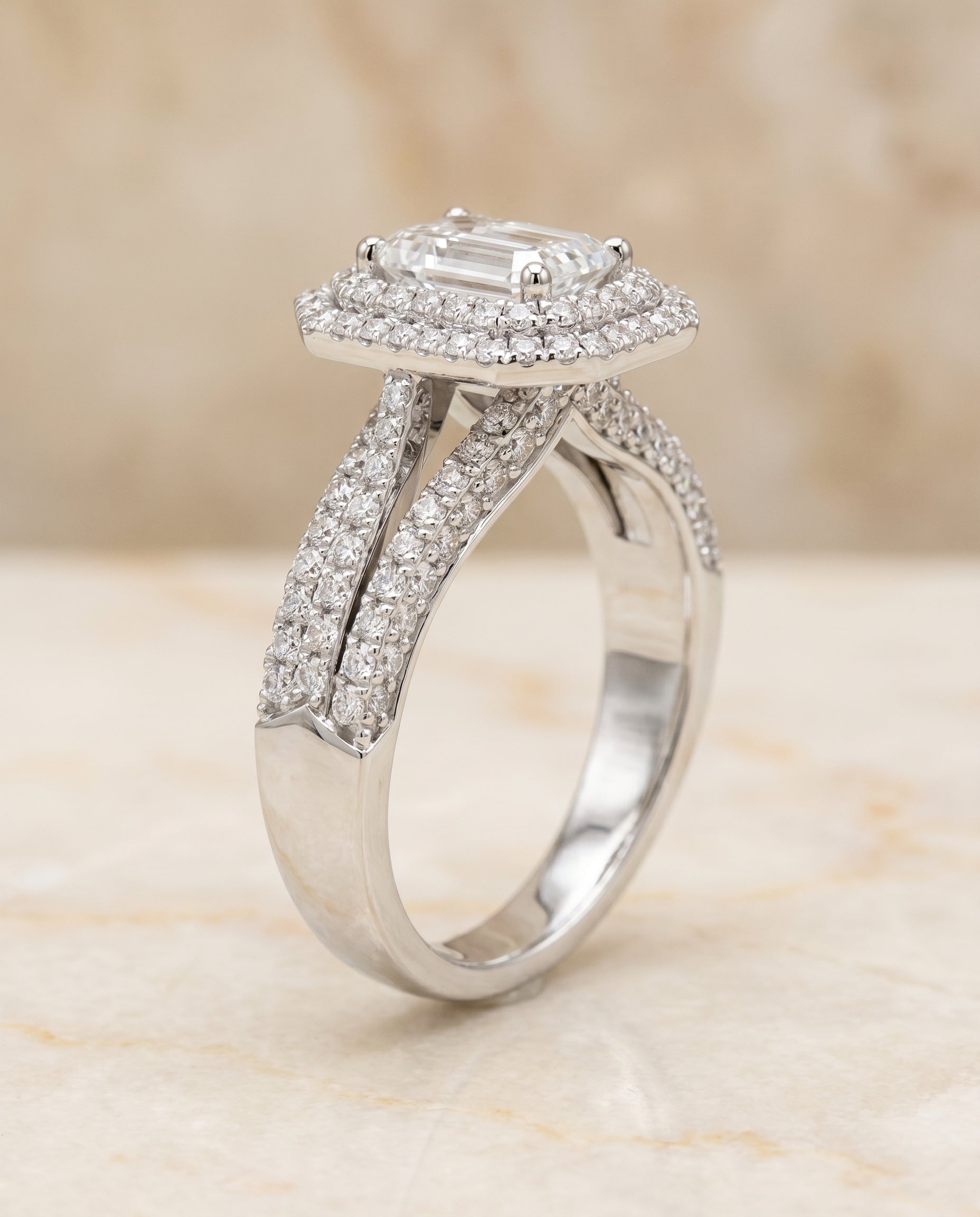 The Mariah three tier halo crown cut engagement ring setting, shown in Platinum | RockHer