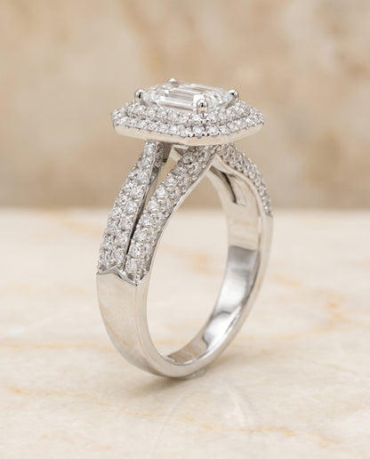 The Mariah Three Tier Halo Crown Emerald Cut Engagement Ring Setting in Platinum