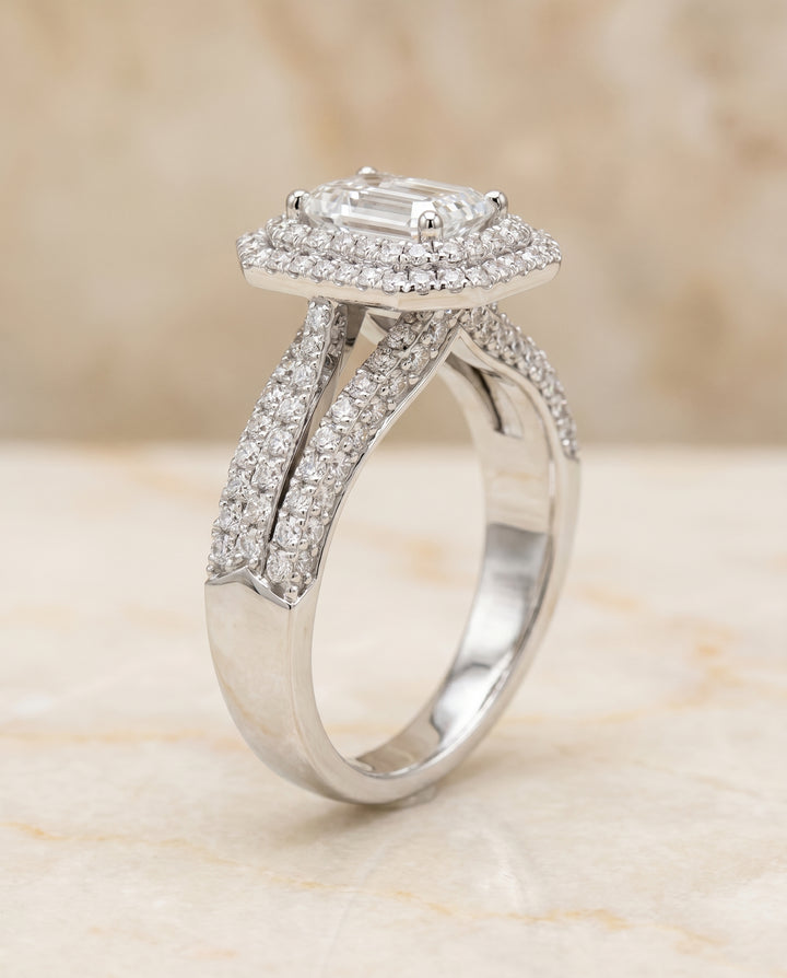 The Mariah Pavé Halo Engagement Ring Setting for Emerald Cut Diamonds in Platinum