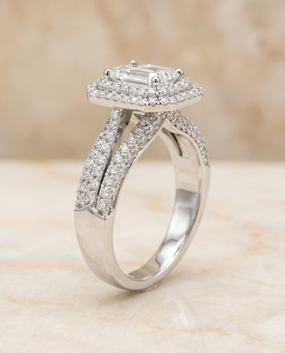 Mariah Select Three Tier Halo Crown Emerald Cut Lab Diamond Engagement Ring in Platinum, front view | RockHer