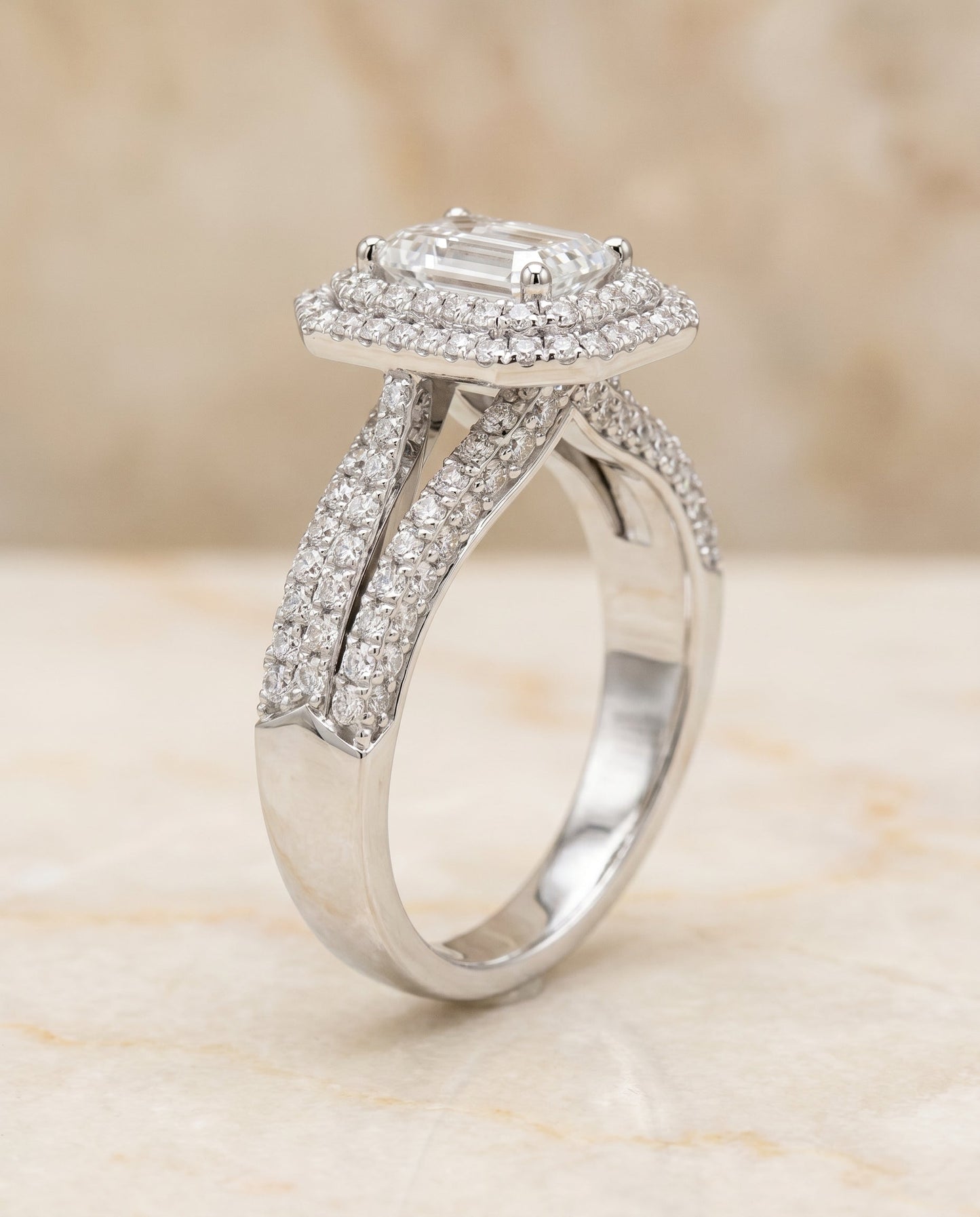Mariah Select Three Tier Halo Crown Emerald Cut in 14K White Gold – view 2