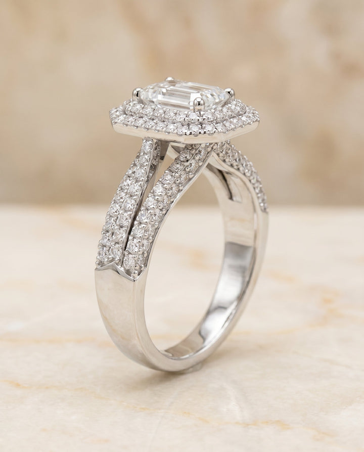 Mariah Select Three Tier Halo Crown Emerald Cut in 14K White Gold – view 2