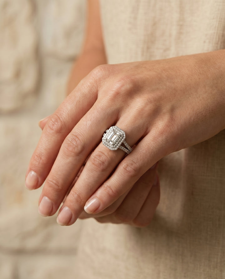 The Mariah Pavé Halo Engagement Ring Setting for Emerald Cut Diamonds in Platinum
