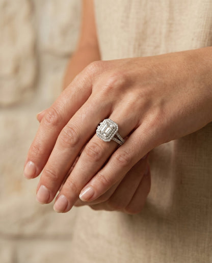 Mariah Select Three Tier Halo Crown Emerald Cut Lab Diamond Engagement Ring in Platinum, shown on hand, angled | RockHer