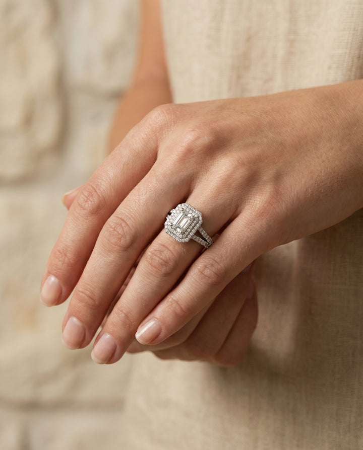 The Mariah Pavé Halo Engagement Ring Setting for Emerald Cut Diamonds in Platinum