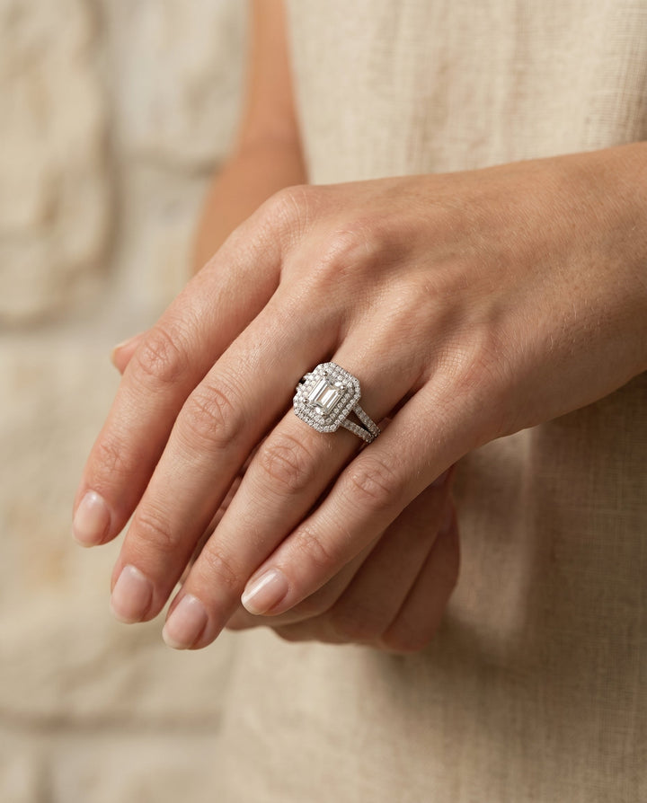 Mariah Select Three Tier Halo Crown Emerald Cut Lab Diamond Engagement Ring in Platinum, shown on hand | RockHer