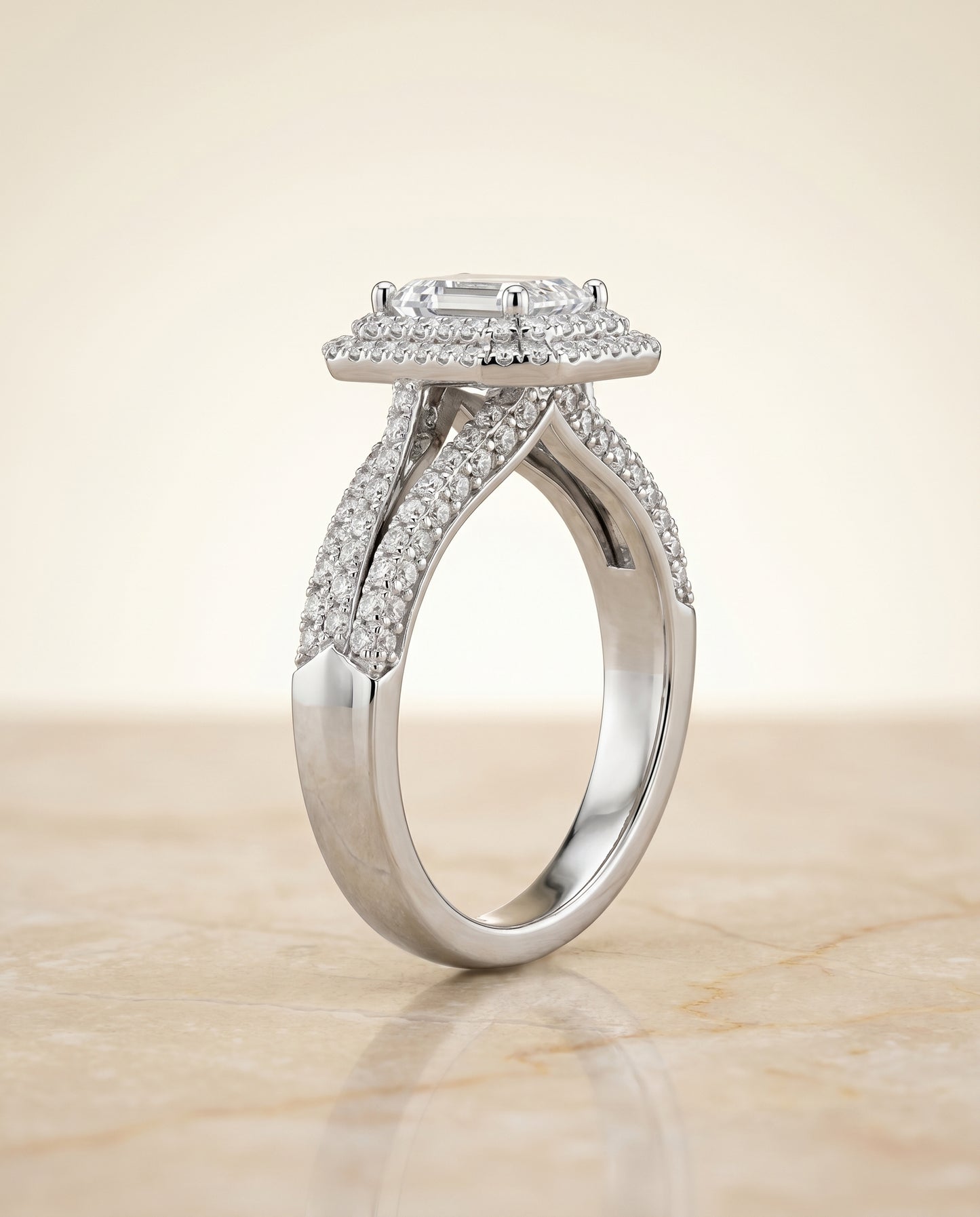 The Mariah Pavé Halo Engagement Ring Setting for Emerald Cut Diamonds in Platinum