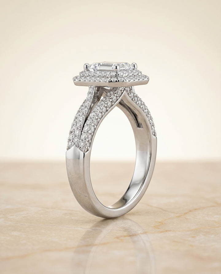 The Mariah Pavé Halo Engagement Ring Setting for Emerald Cut Diamonds in Platinum
