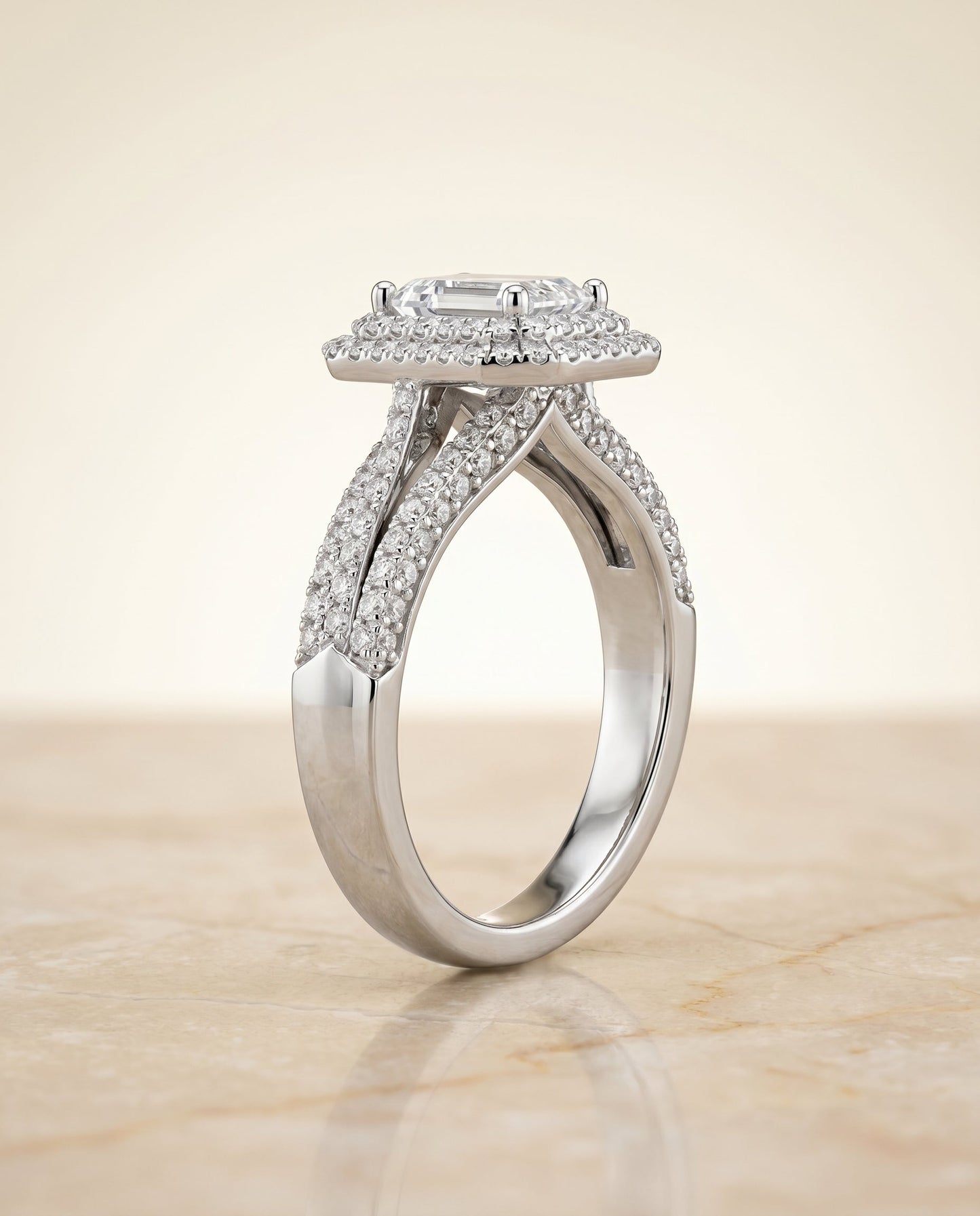 Mariah Select Three Tier Halo Crown Emerald Cut Lab Diamond Engagement Ring in 18K White Gold, side view | RockHer