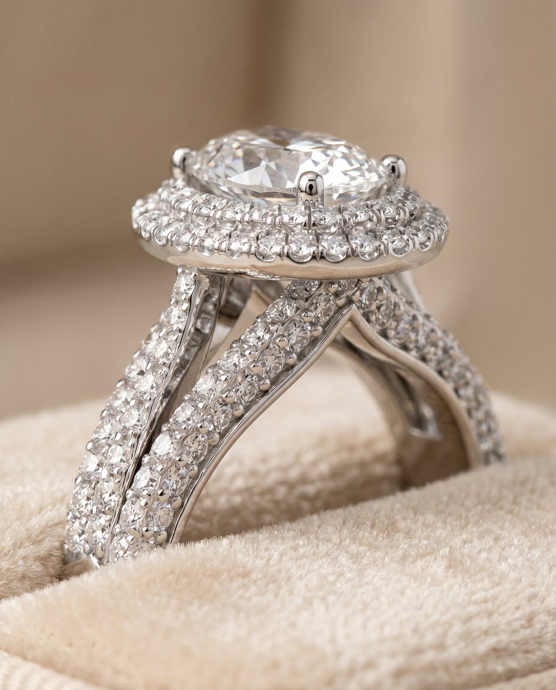 Mariah Select Three Tier Halo Crown Oval Lab Diamond Engagement Ring in Platinum, detail view | RockHer