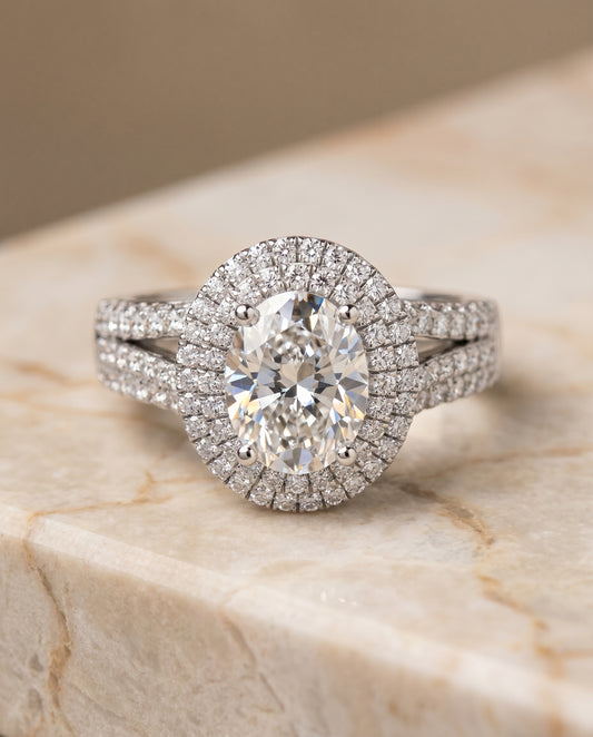 The Mariah Pavé Halo Engagement Ring Setting for Oval Diamonds in Platinum
