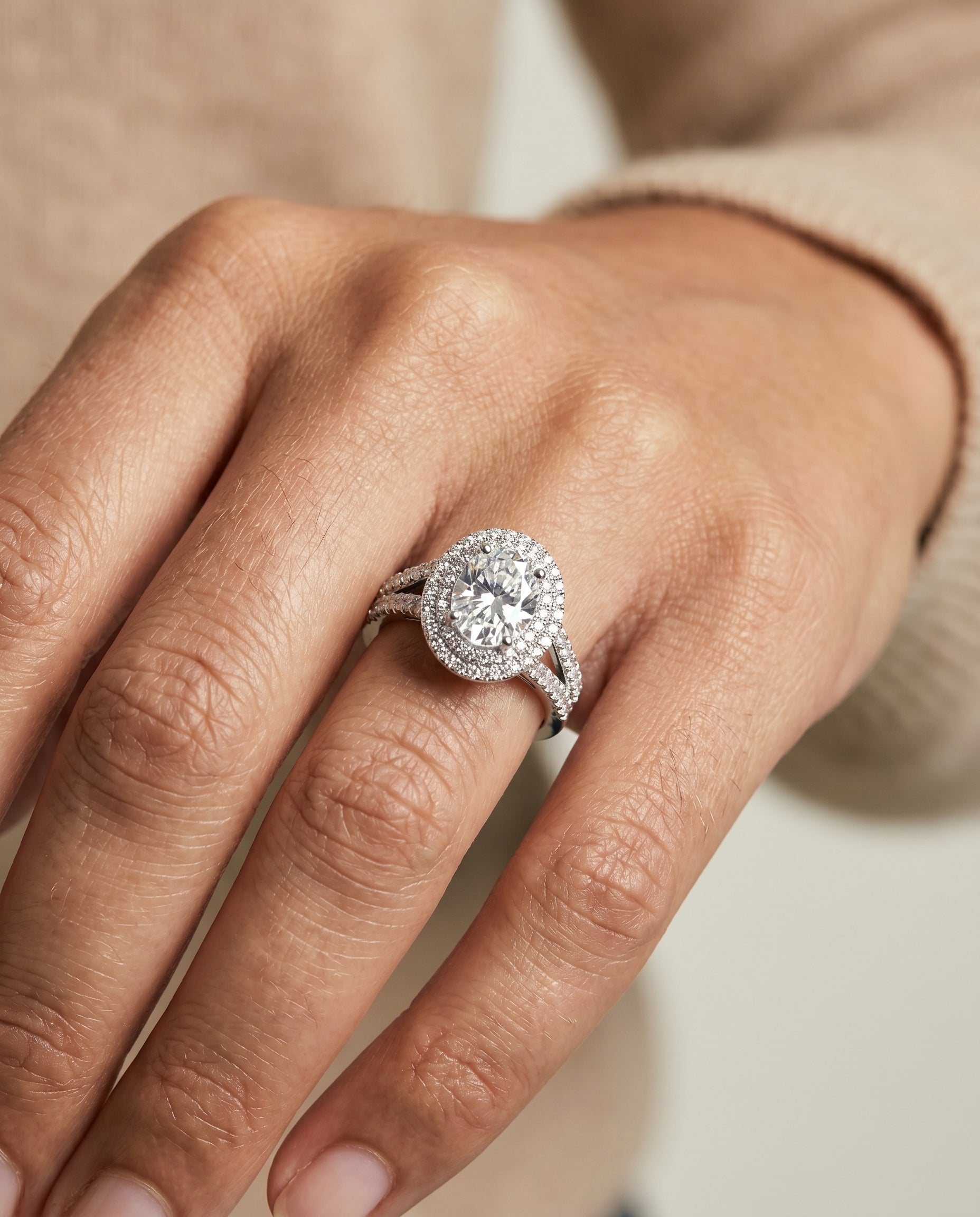 Mariah Select Three Tier Halo Crown Oval Lab Diamond Engagement Ring in 18K White Gold, shown on hand | RockHer