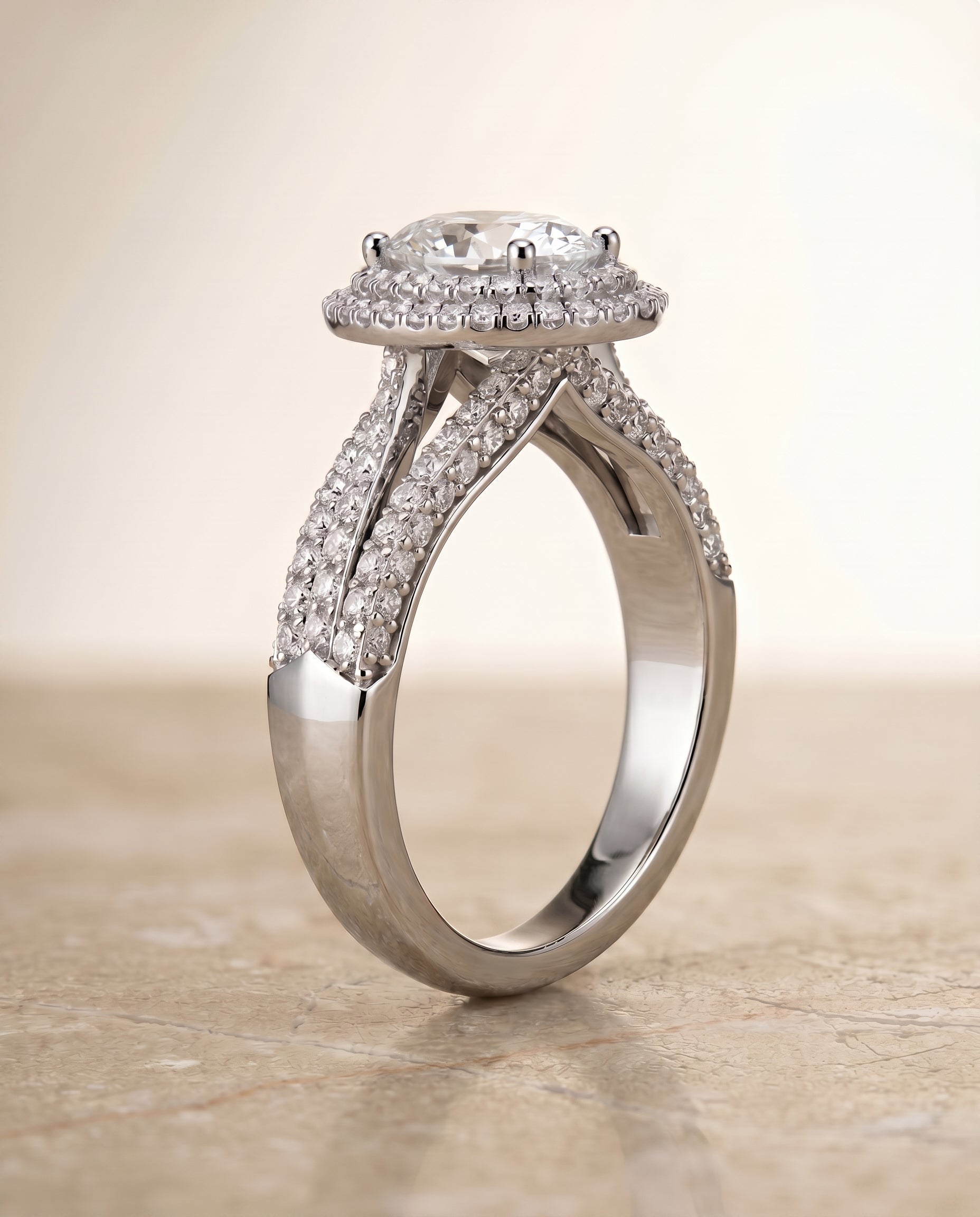 Mariah Select Three Tier Halo Crown Oval Lab Diamond Engagement Ring in Platinum, side view | RockHer
