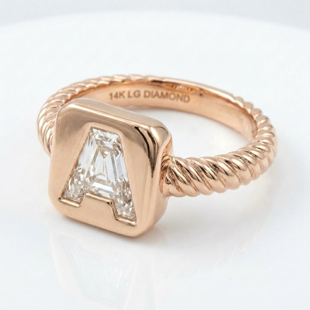 Women's Twisted Band lab-grown diamond letter signet ring in 14K Rose Gold, letter A, product photography