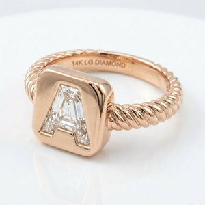 Women's Twisted Band lab-grown diamond letter signet ring in 14K Rose Gold, letter A, product photography