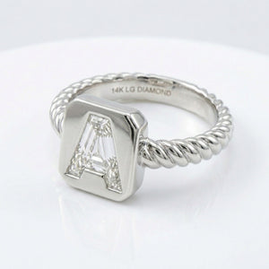 Women's Twisted Band lab-grown diamond letter signet ring in 14K White Gold, letter A, product photography