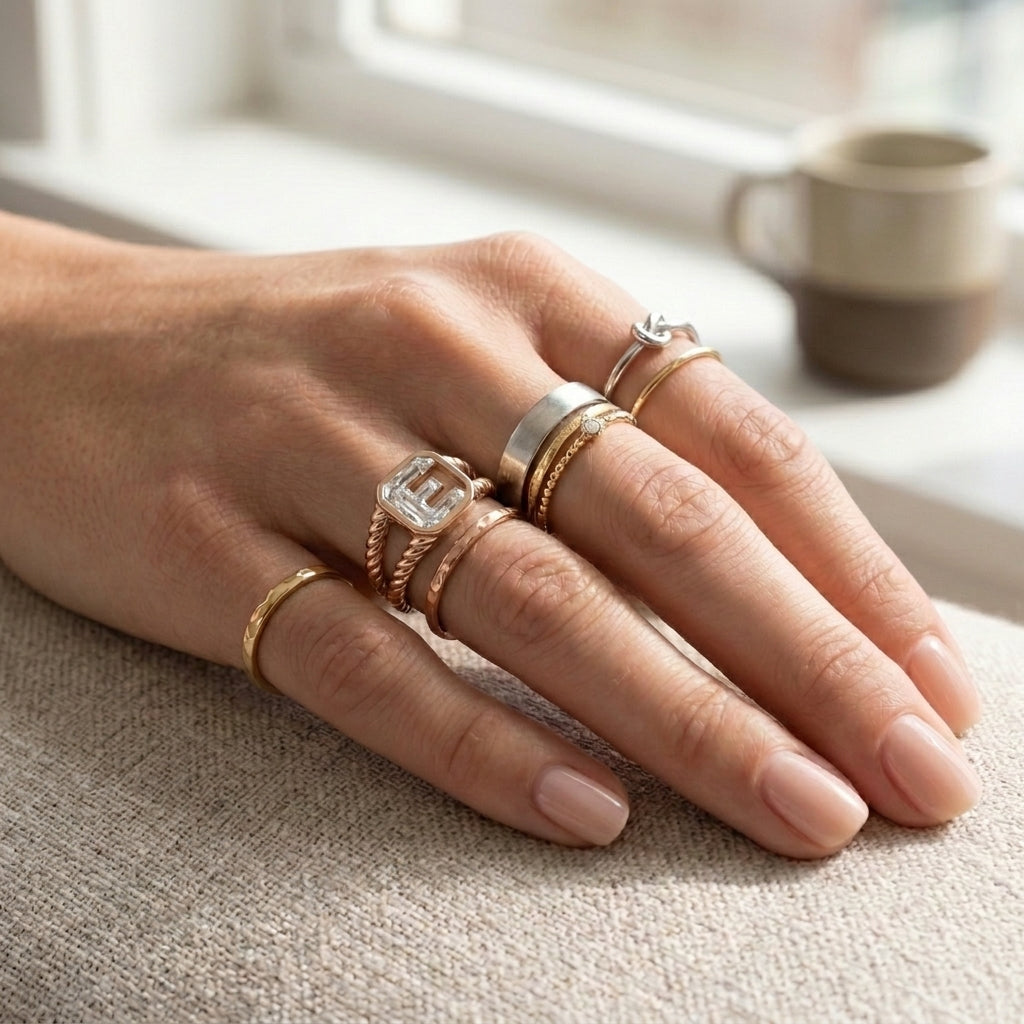 Women's Twisted Band lab-grown diamond letter signet ring in 14K Rose Gold, letter E, worn on hand