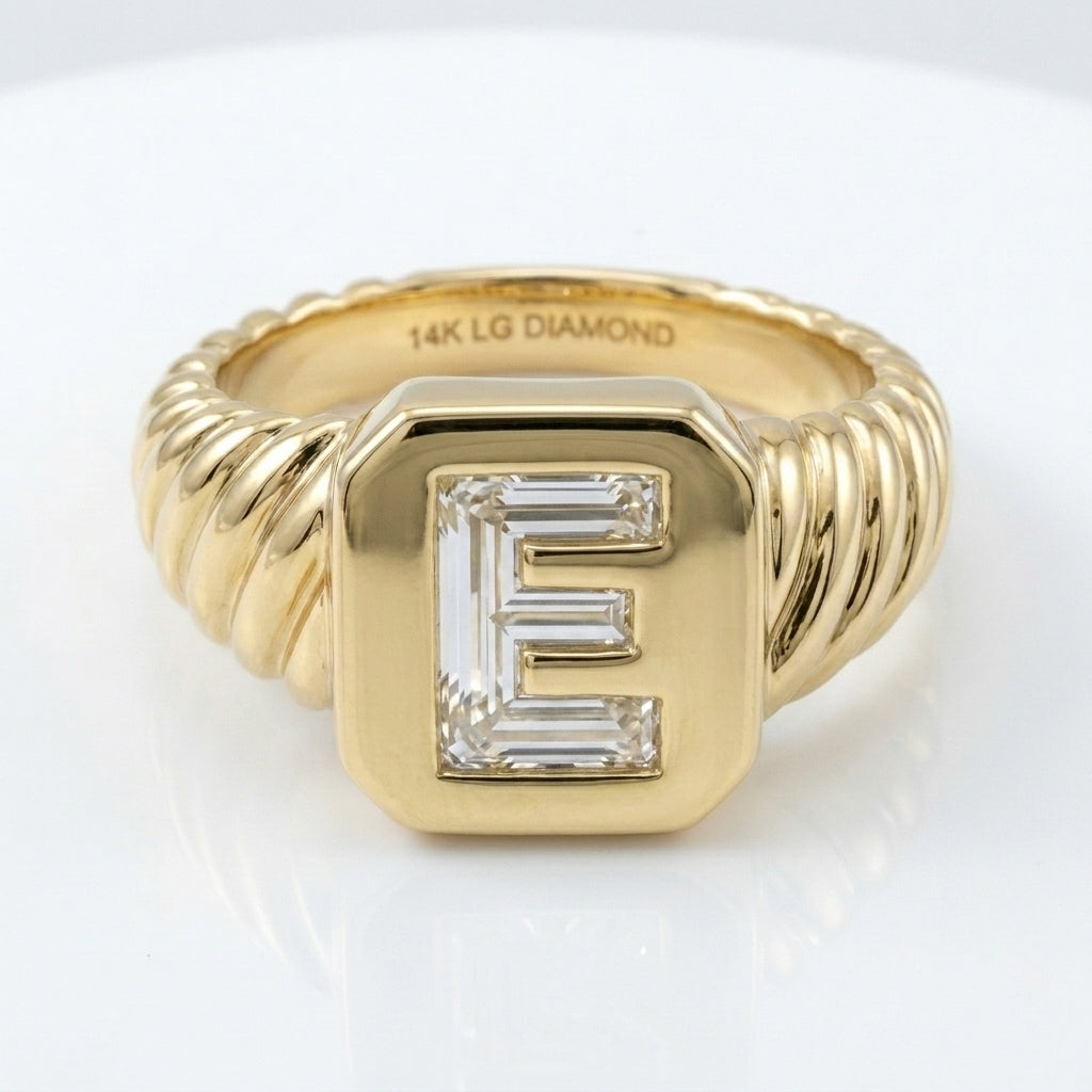 Women's Twisted Band lab-grown diamond letter signet ring in 14K Yellow Gold, letter E, product photography